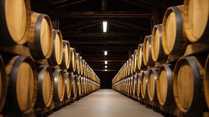 Symmetrical view of a traditional wine cellar with stacked wooden barrels.

