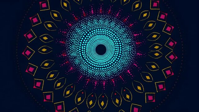Intricate Circular Abstract Pattern Features Vibrant Turquoise And Magenta On Dark Blue Background