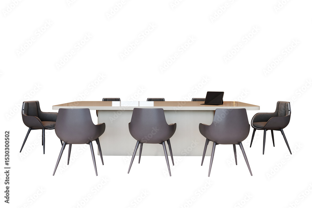 Poster Modern corporate meeting room setup with empty chairs and conference table isolated on white background for business layout or design template. 3D Rendering
