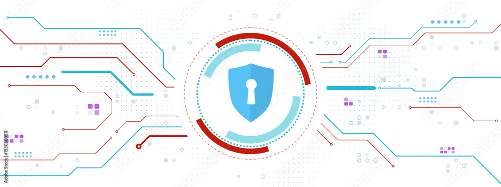 Poster Cybersecurity shield icon with digital circuits and lock symbol on white background representing online data protection and network safety concept. 3D Rendering