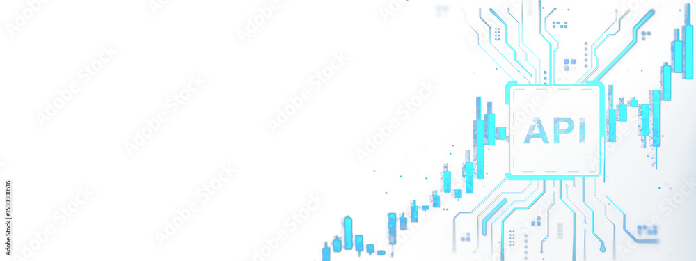 Poster Digital API interface with financial chart elements and blue neon circuitry on white background representing technology in forex market growth. 3D Rendering