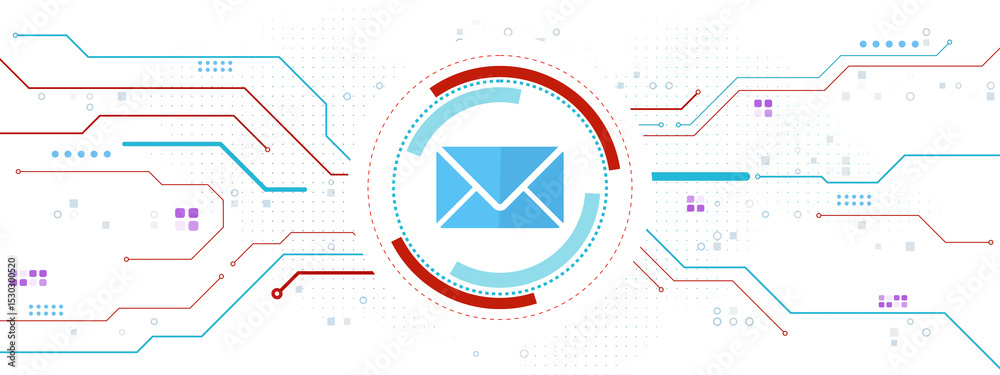 Aufkleber Blue email envelope icon in digital circle interface with red and blue circuit lines on white tech background representing digital communication concept. 3D Rendering