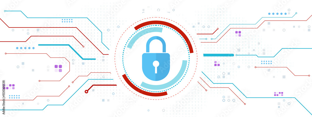 Aufkleber Digital padlock icon with circuit lines on white background symbolizing cyber security, data protection, and network privacy technology concept. 3D Rendering
