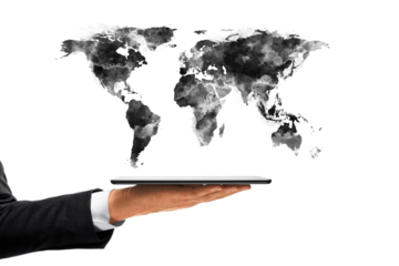 Business hand holding digital tablet with black watercolor world map sketch floating above on white background, symbolizing global technology concept. 