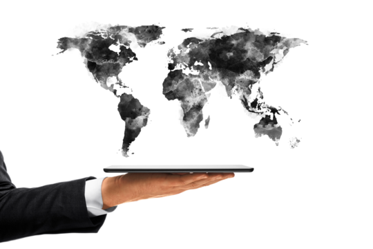 Business hand holding digital tablet with black watercolor world map sketch floating above on white background, symbolizing global technology concept. 