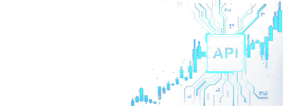 Digital API interface with financial chart elements and blue neon circuitry on white background representing technology in forex market growth. 3D Rendering