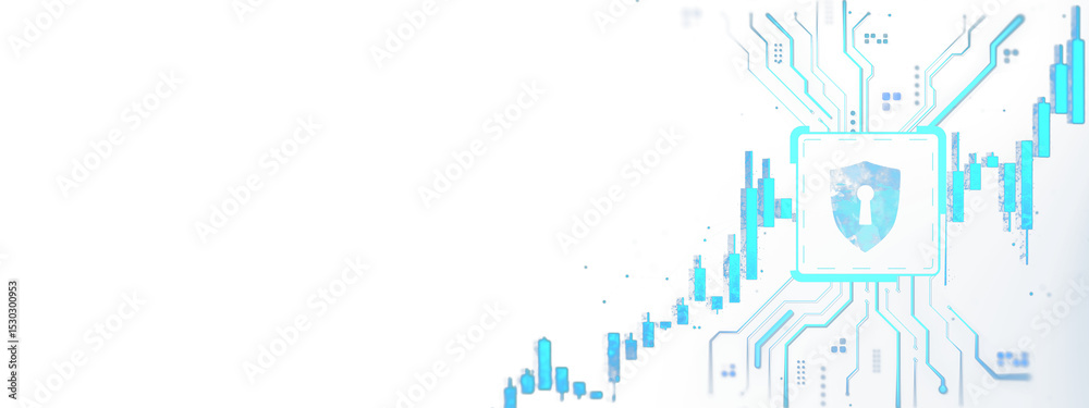 Leinwandbilder Digital security shield icon integrated with financial stock chart and circuit lines on white background representing fintech data protection concept. 3D Rendering