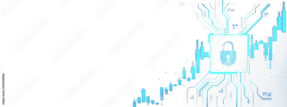 Leinwandbilder Digital padlock symbol with glowing tech lines and data chart elements on clean white background representing cybersecurity concept. 3D Rendering