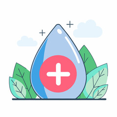 Illustration of water drop with plus sign and leaf design