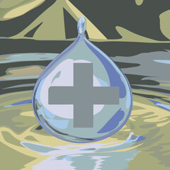 Water drop with plus sign in an abstract landscape art