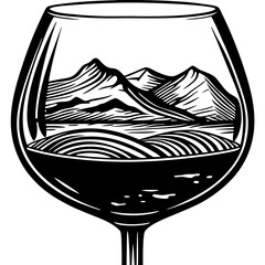 Wine glass illustration containing mountain landscape art