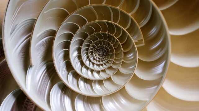 Cross section of a nautilus shell revealing intricate internal spiral chambers and Fibonacci sequence patterns, showcasing natural geometry
