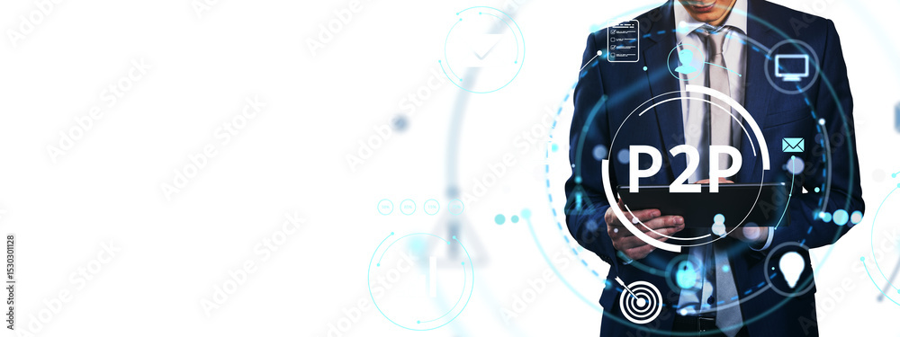 Poster Businessman using tablet with P2P digital interface and technology icons on clean white background for online communication and networking concept. 