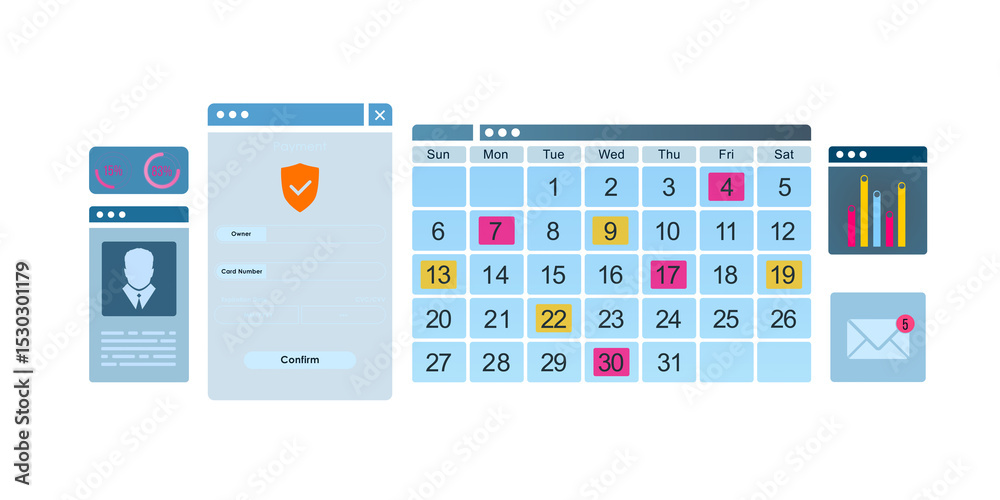 Aufkleber User interface elements with calendar, charts, secure payment form, and notifications on a white background in modern flat design style. 3D Rendering