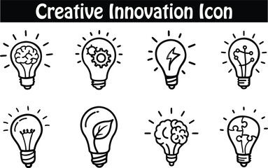 Hand drawn sketch Light bulb creative innovation icon set, doodle style. Creative idea, brainstorming, solution, thinking and innovation icons.