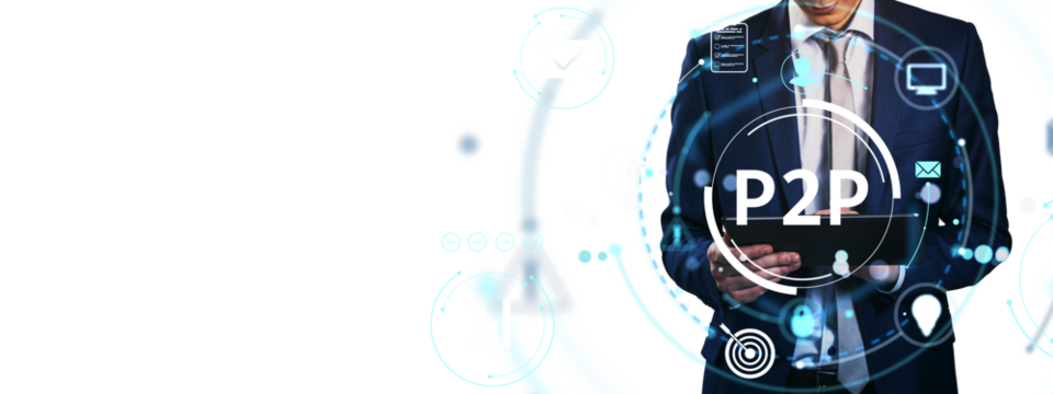 Businessman using tablet with P2P digital interface and technology icons on clean white background for online communication and networking concept.  - Powered by Adobe