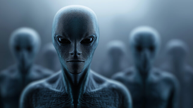 Close-up of a grey alien with large black eyes among a group of extraterrestrials.
