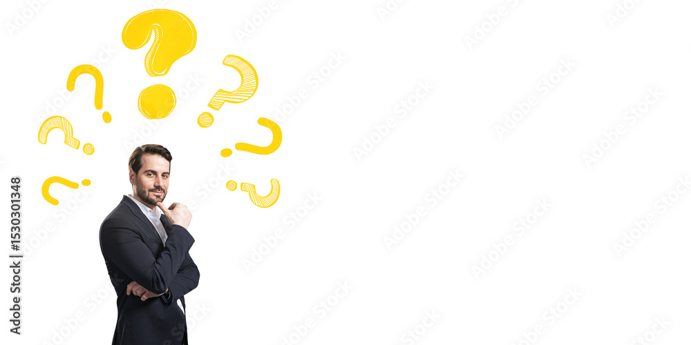 Poster Businessman thinking with yellow sketch question marks above head symbolizing curiosity and problem solving on white background. 