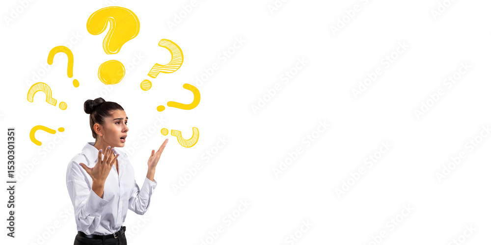Poster Confused businesswoman gesturing with hands surrounded by yellow question marks on white background, symbolizing curiosity and problem solving. 