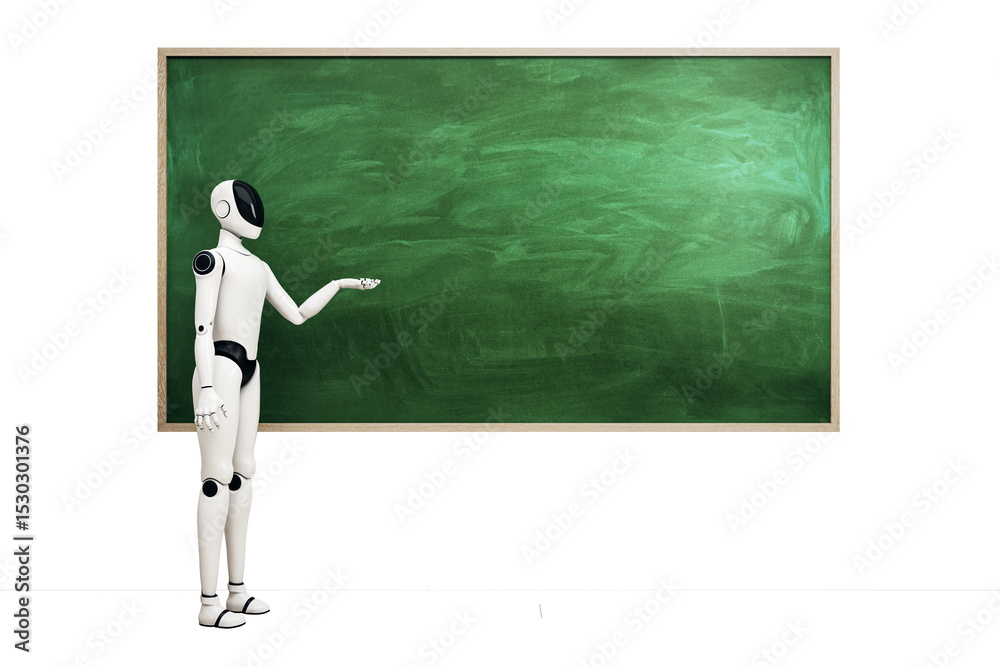 Aufkleber Humanoid robot teacher pointing at green chalkboard in classroom setting with blank clean space for educational and futuristic concept design. 3D Rendering
