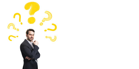Businessman thinking with yellow sketch question marks above head symbolizing curiosity and problem...