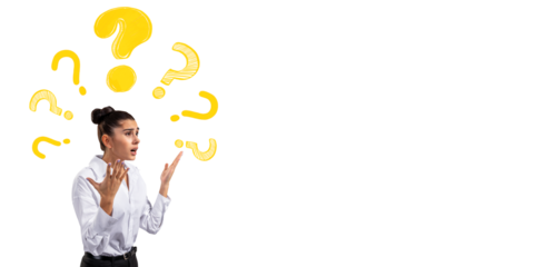 Confused businesswoman gesturing with hands surrounded by yellow question marks on white background, symbolizing curiosity and problem solving.
