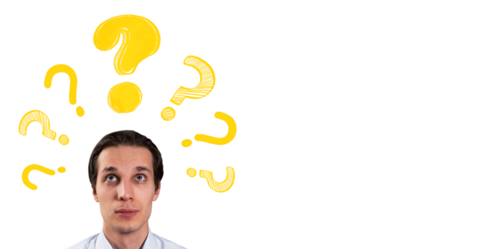 Portrait of a thoughtful businessman looking up at multiple yellow question marks on a clean white background, symbolizing curiosity and brainstorming. 