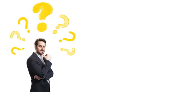 Businessman thinking with yellow sketch question marks above head symbolizing curiosity and problem solving on white background. 