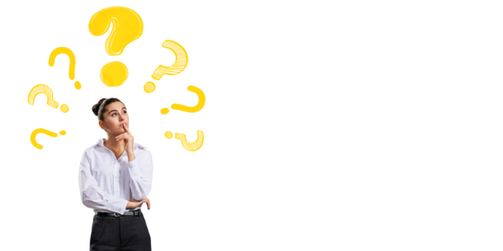 Woman thinking with yellow question marks above her head on isolated white background, symbolizing curiosity and brainstorming concept. 