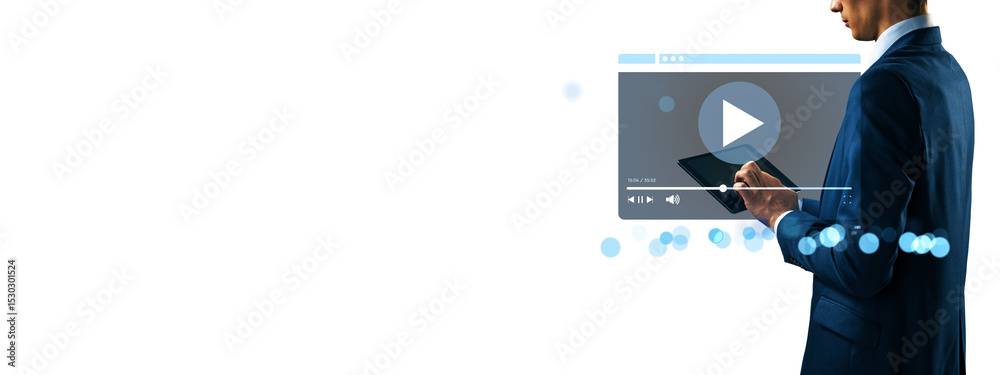 Poster Businessman using tablet with digital video interface on white background representing online streaming and content platform concept. 