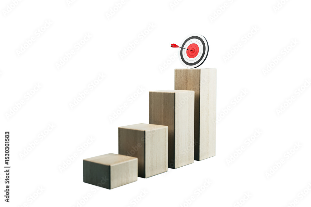 Aufkleber Wooden blocks forming staircase ascending to a bullseye target with arrow on white background, symbolizing business growth and achievement concept. 3D Rendering