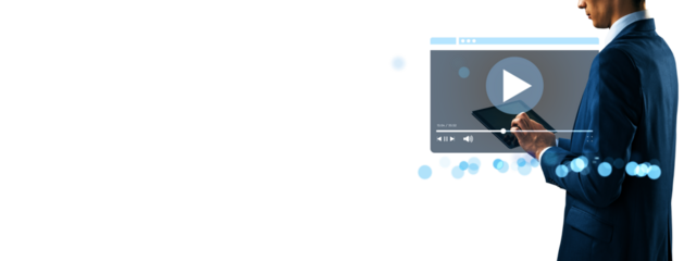 Businessman using tablet with digital video interface on white background representing online streaming and content platform concept. 