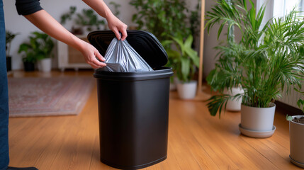 Man holding a full garbage bag in a living room setting.
