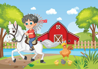 Happy Boy Riding Horse on Farm