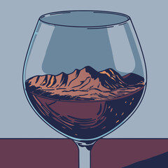 Illustration of wine glass containing mountain landscape