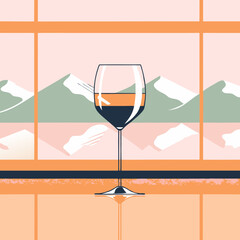 Wine glass with mountain view through window illustration