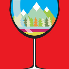 Landscape scene inside a wine glass on a red background