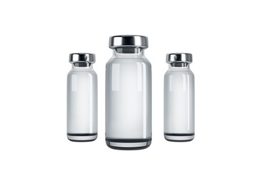 Three empty transparent medical vials with silver caps isolated on clean white background for branding or product presentation template. 3D Rendering