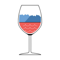 Wine glass filled with red liquid and blue wavy pattern