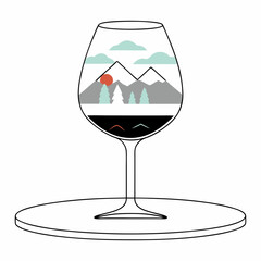 Wine glass containing a mountain landscape with trees sun