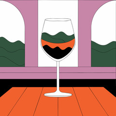 A wine glass with layered liquid on a wooden surface art