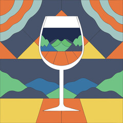 Wine glass with landscape reflection against geometric art