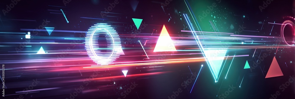 Canvas Prints abstract geometric shapes and lines with neon glow on a dark background
