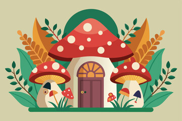 Naklejka premium This flat design image showcases a cute mushroom house surrounded by vibrant autumnal foliage.