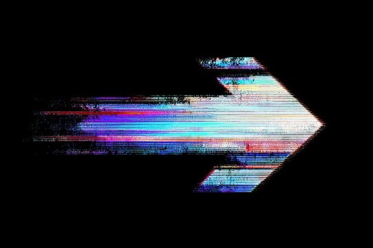 Digital glitch art of an arrow pointing right, on a solid black background
