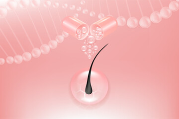 Hyaluronic acid and Niacinamide hair and skin solutions ad, pink collagen serum drops into skin cell with cosmetic advertising background ready to use, illustration vector.	