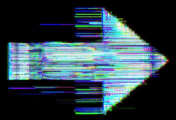 Glitch art arrow with horizontal lines and pixelated style on black