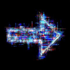 Digital glitch arrow, pointing right, with neon lights against black