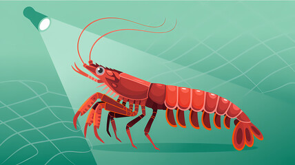 Flat Design Illustration of a Dynamic Red Mantis Shrimp with Powerful Claws and Metallic Exoskeleton on Teal Background