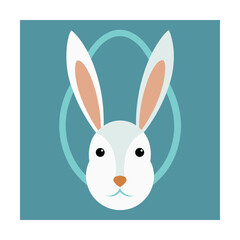 Adorable cartoon rabbit illustration with long ears and egg frame on a teal background